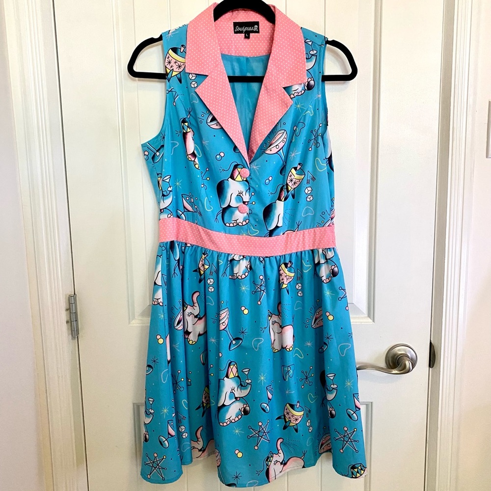 Sourpuss Turquoise & Pink Retro Elephant Print Dress